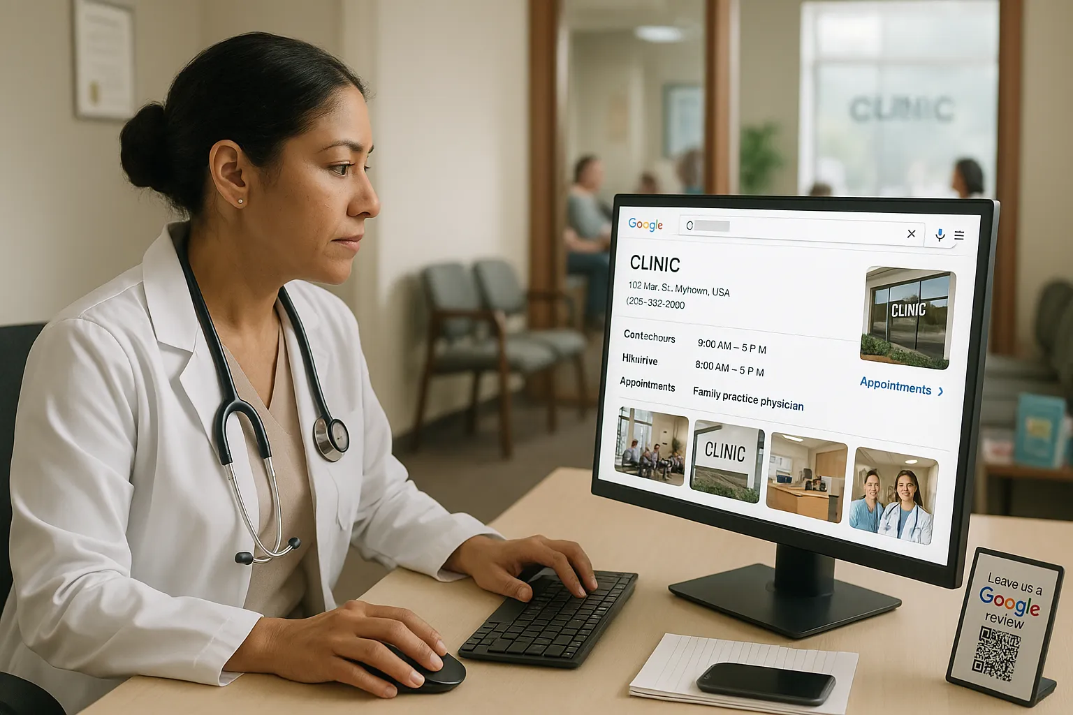 Doctor updating her clinic’s Google Business Profile on a computer in a U.S. office.