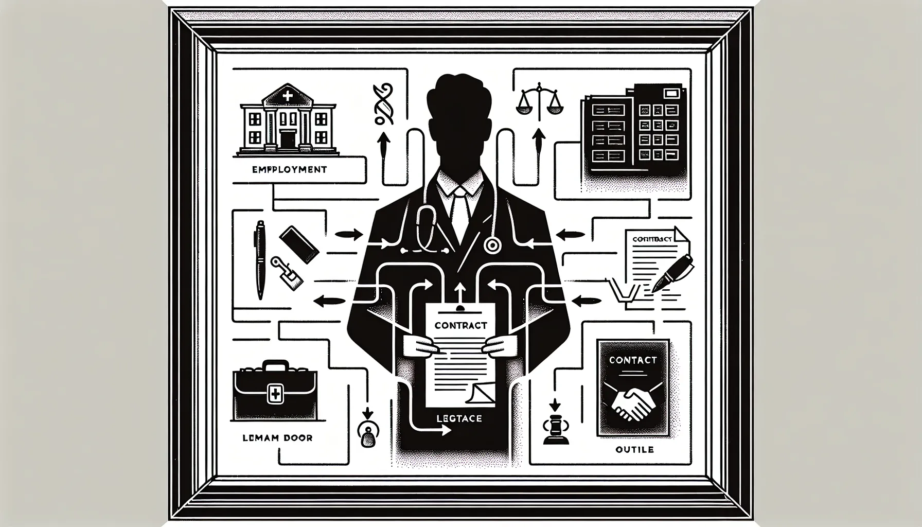 Physician holding a contract with three arrows showing possible sale outcomes.
