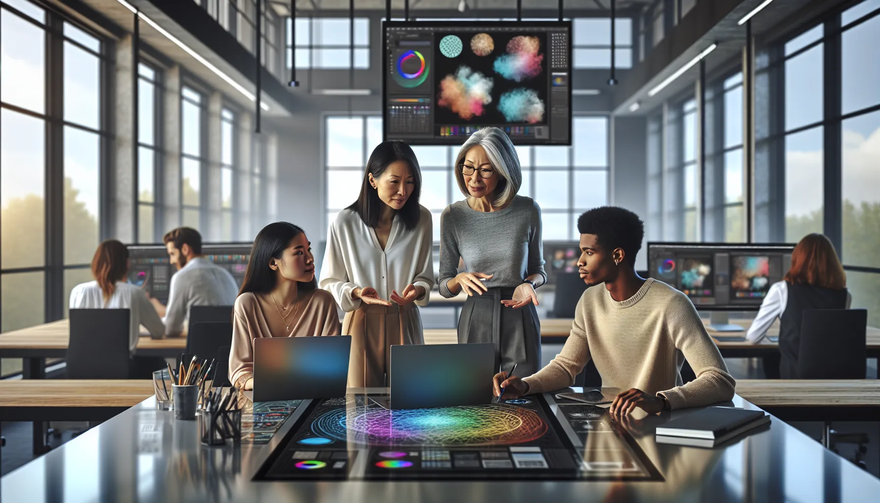 diverse group collaborating in a modern classroom for a Photoshop course.