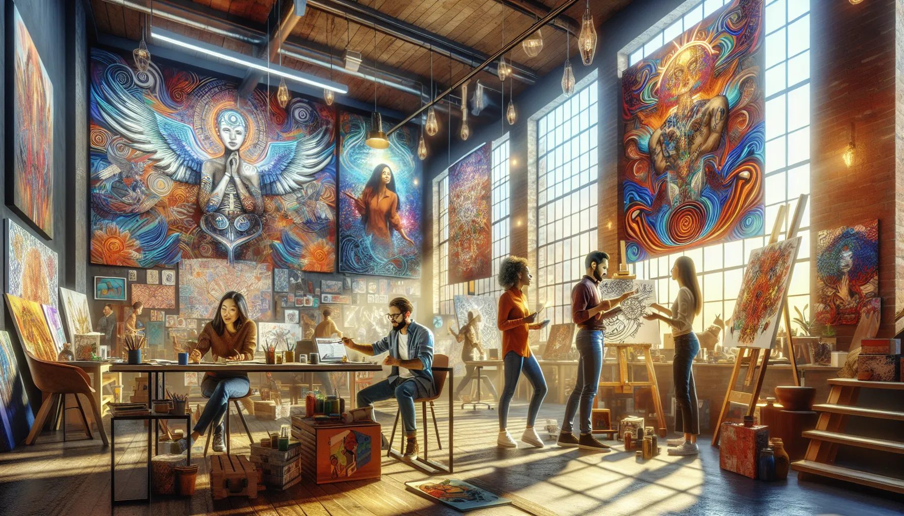 diverse artists collaborating on Haiikurti-themed artworks in a vibrant studio.