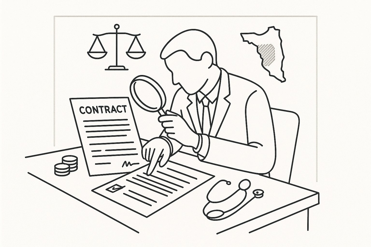 Attorney examining an employment contract with magnifying glass and medical symbols of Employment Contract Review Attorney