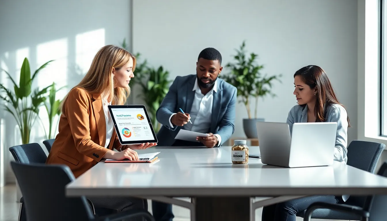 professionals discussing supplement management in a modern office.