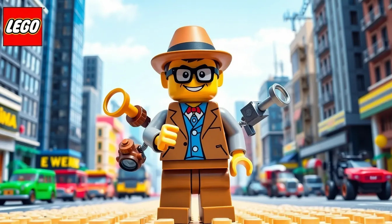 Lego version of Inspector Gadget in a colorful cityscape.