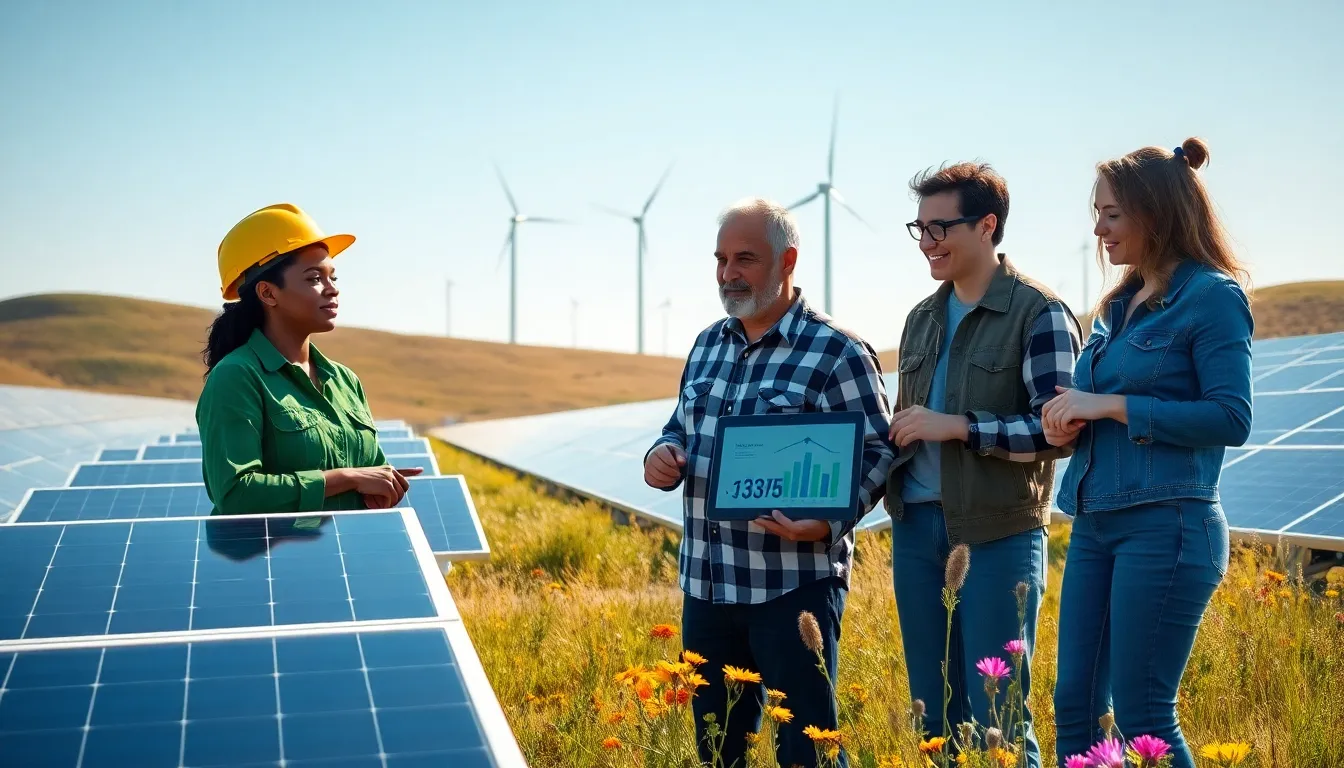 a diverse group discussing solar energy solutions at a solar farm