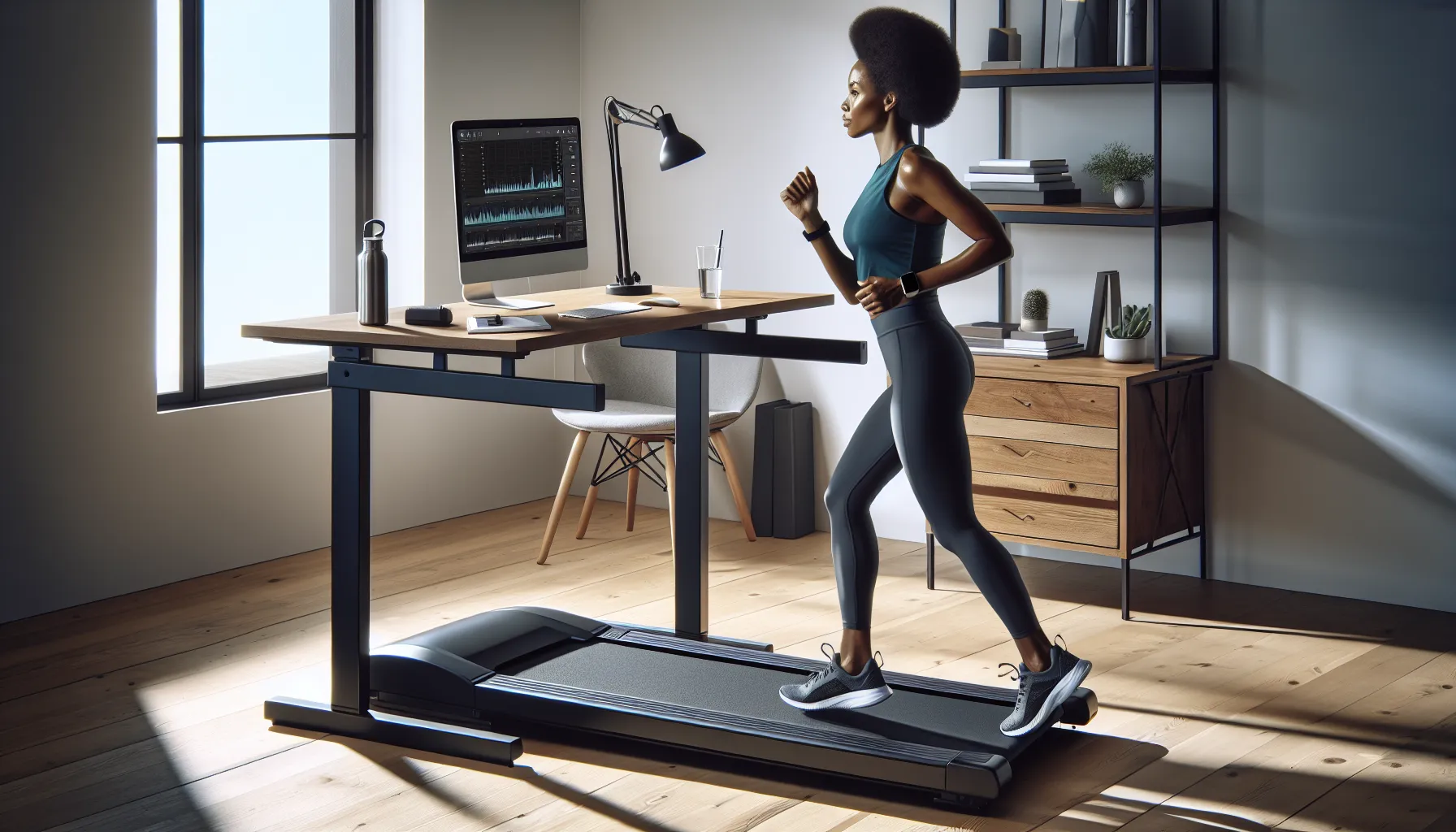 Woman fast-walking on an under-desk treadmill in a bright home office.