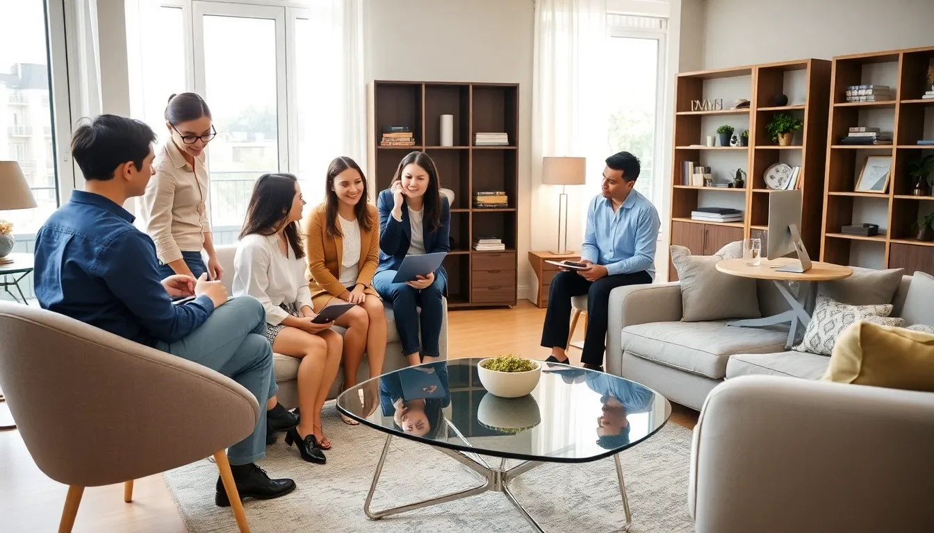 Professionals discussing furniture arrangement in a modern apartment setting.