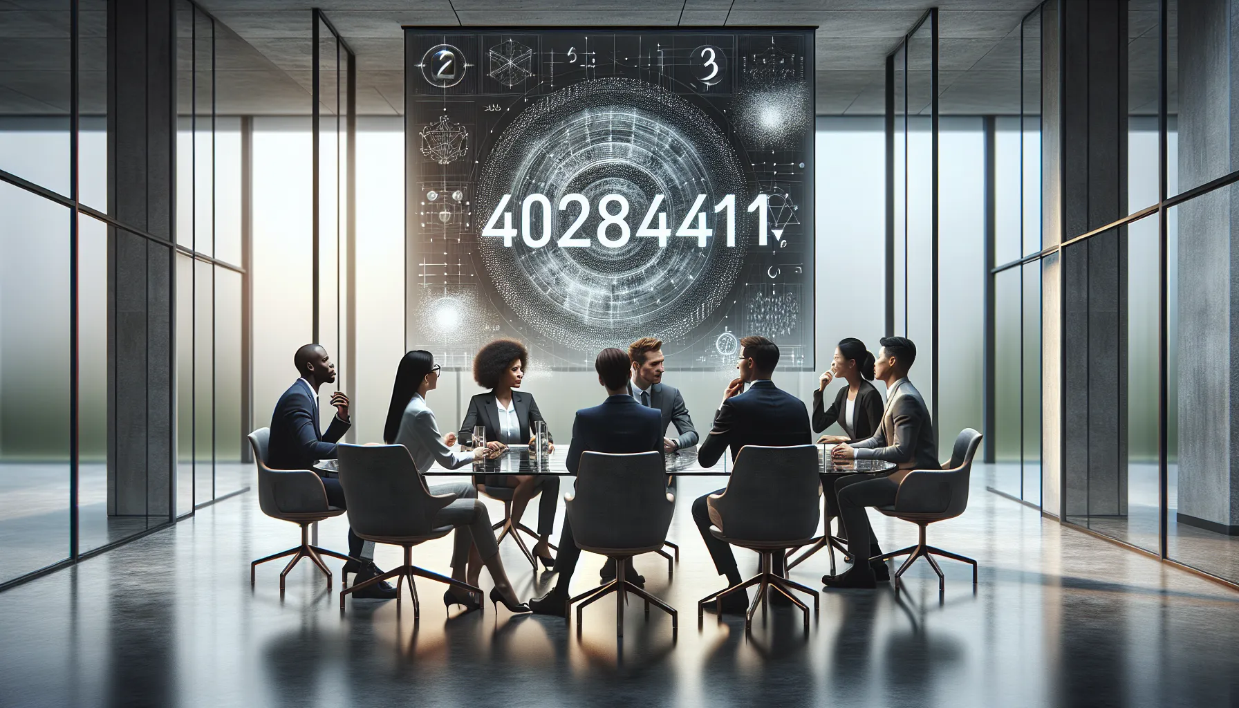 diverse professionals discussing the significance of a number in a modern office.