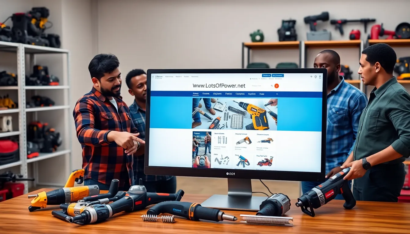 diverse group discussing power tools on a computer screen.