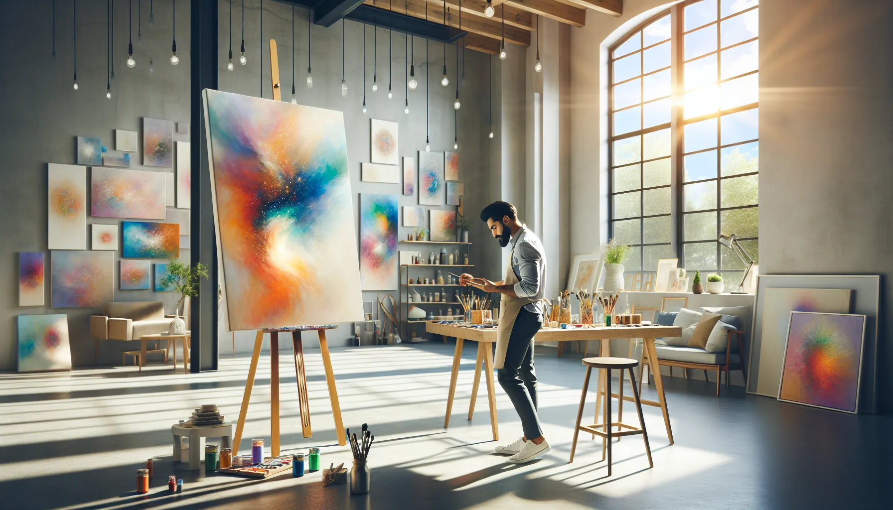 an artist in a bright studio, illustrating creative inspiration.