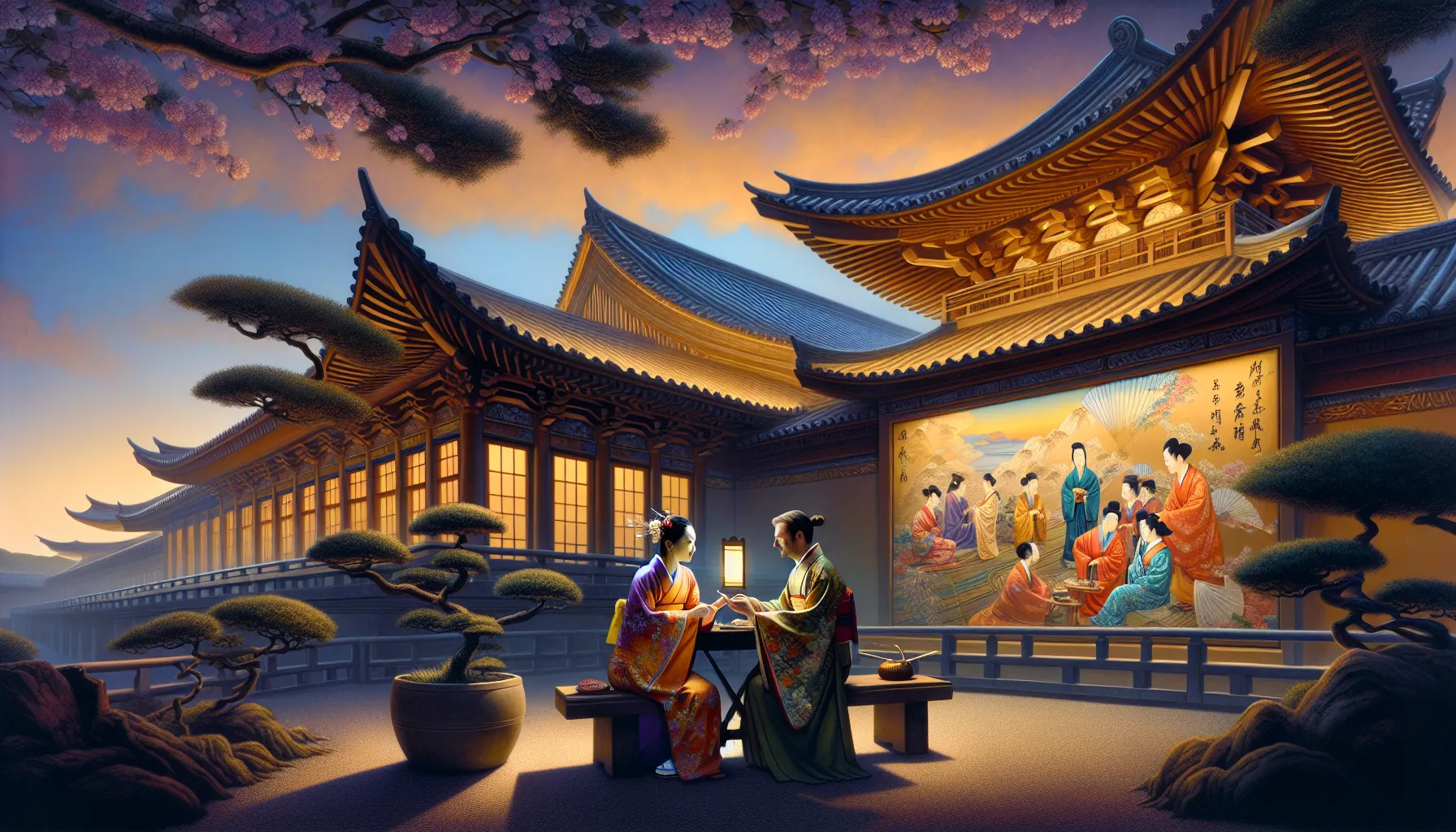 a museum illustrating cultural exchanges between Japan and China at twilight.
