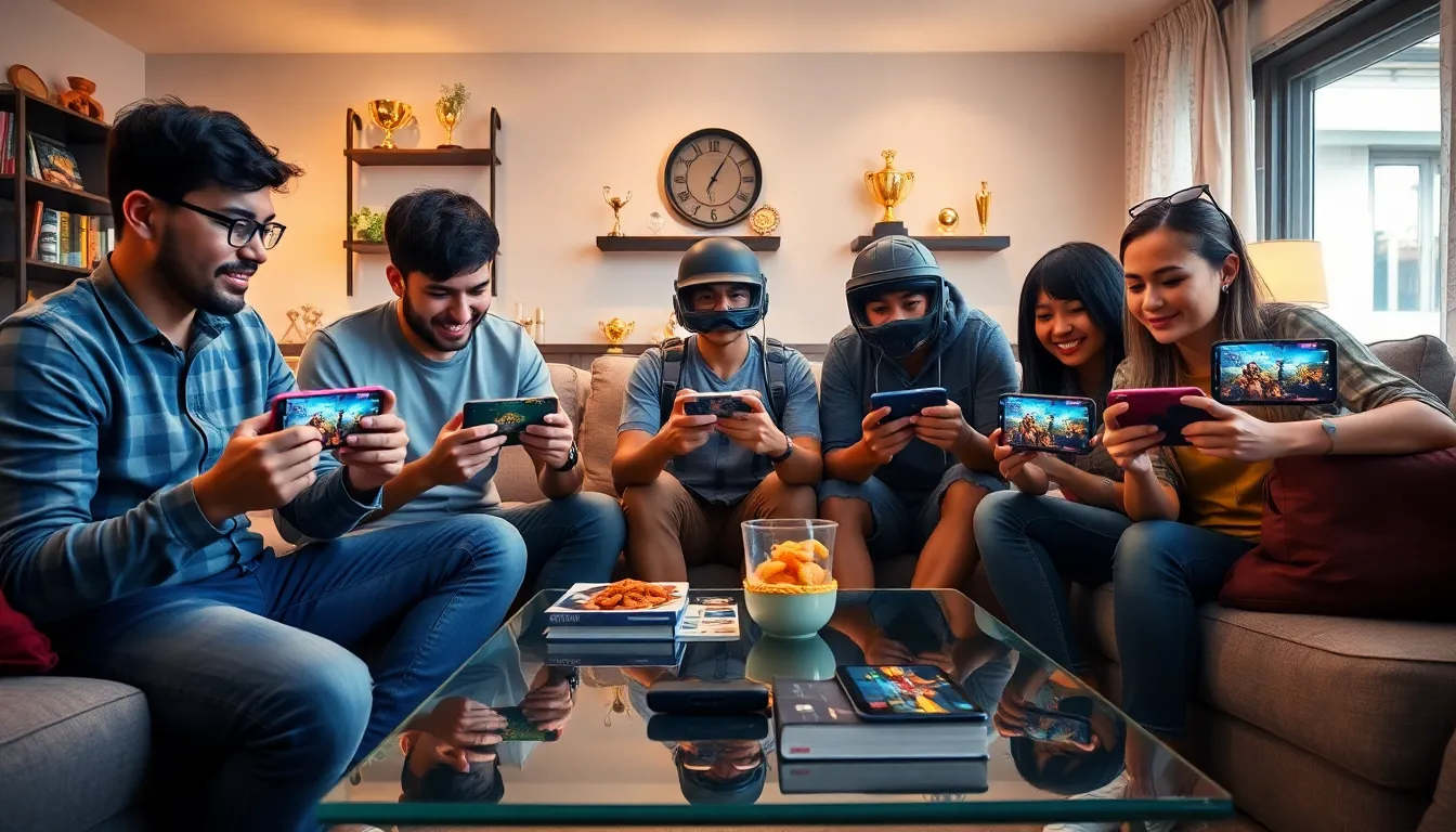 diverse gamers enjoying PUBG Mobile in a modern living room.