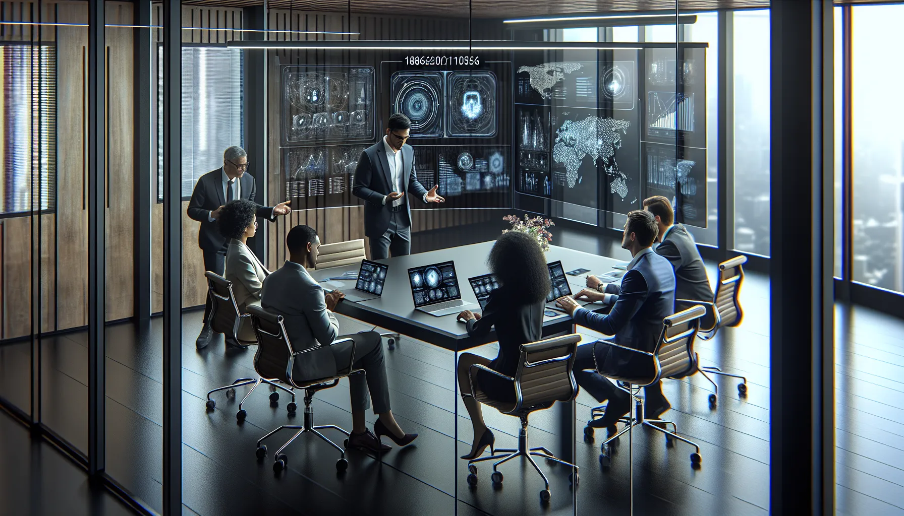 diverse team discussing data security in a modern office setting.