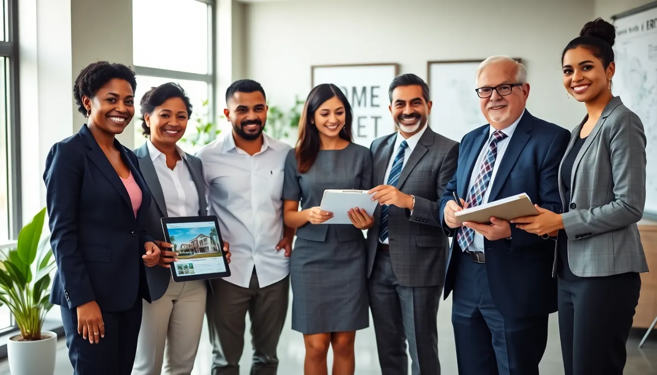 a diverse team of real estate professionals in a modern office setting.