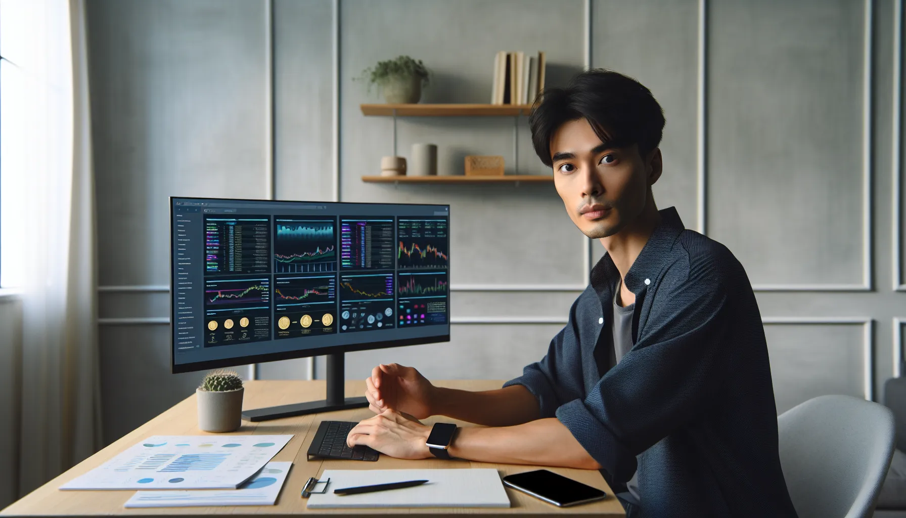 Professional managing multiple cryptocurrency wallets and blockchain networks on computer screens at home office desk.