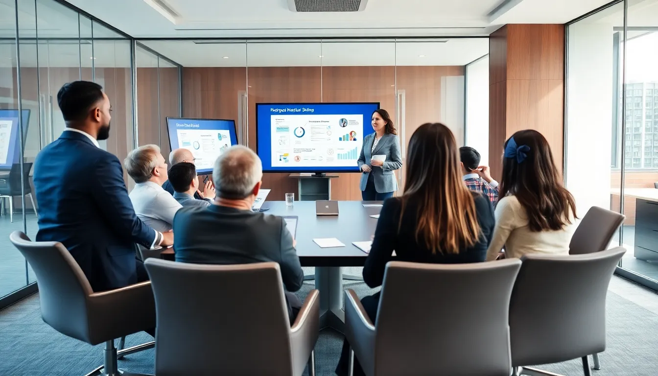 diverse professionals engaged in a business masterclass in a modern conference room.