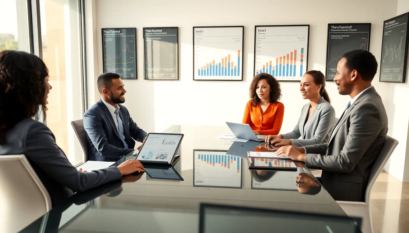professionals discussing data analysis in a modern office setting.