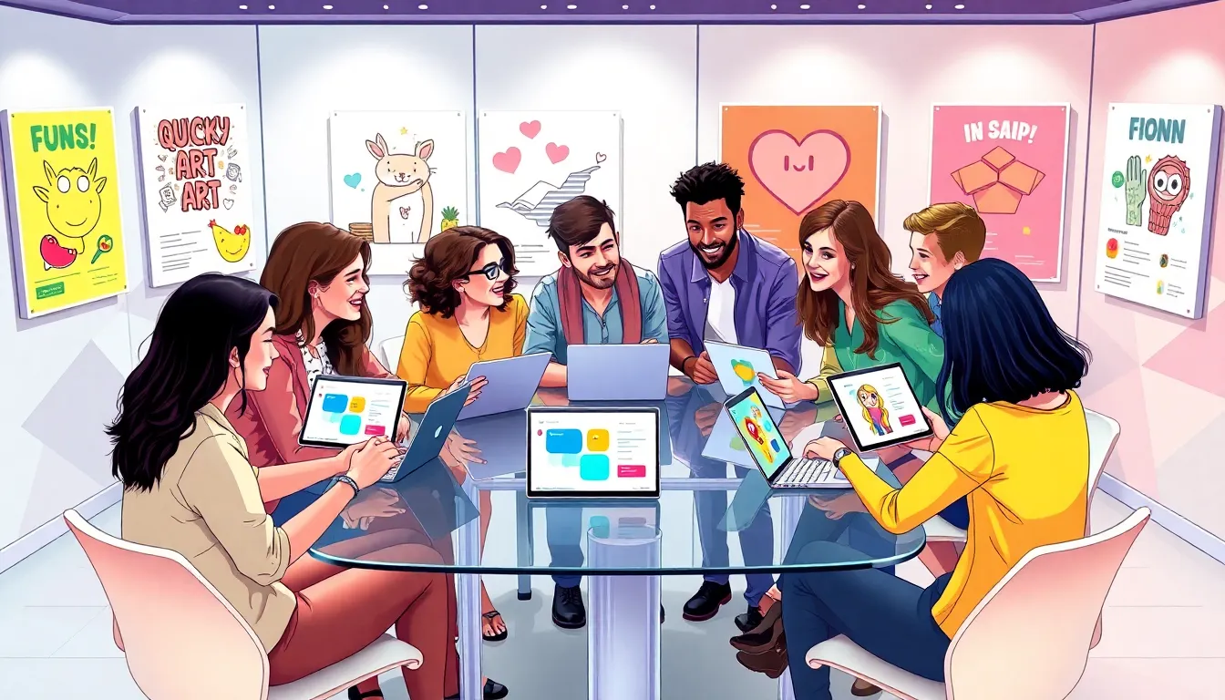 diverse group sharing quirky ideas in a lively office setting.