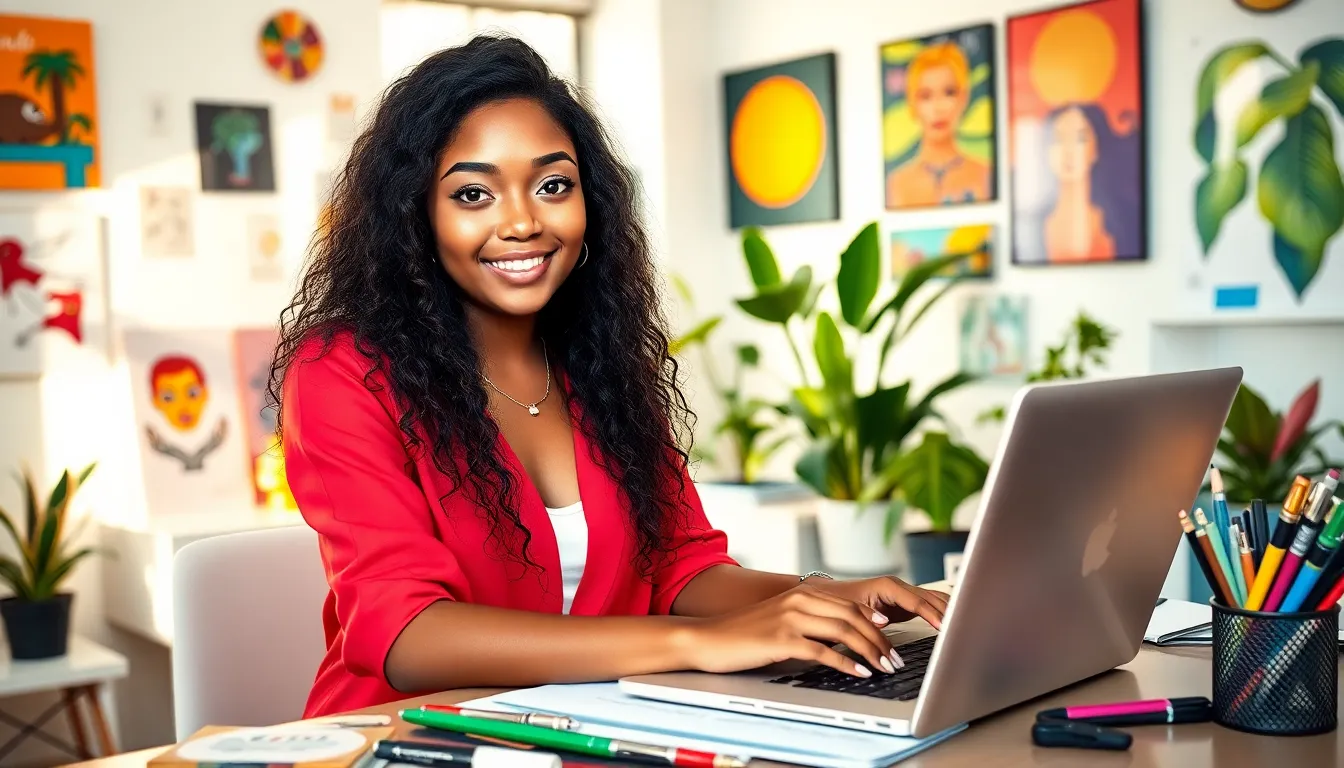 Misslaylalynx creating content in a colorful, modern workspace.