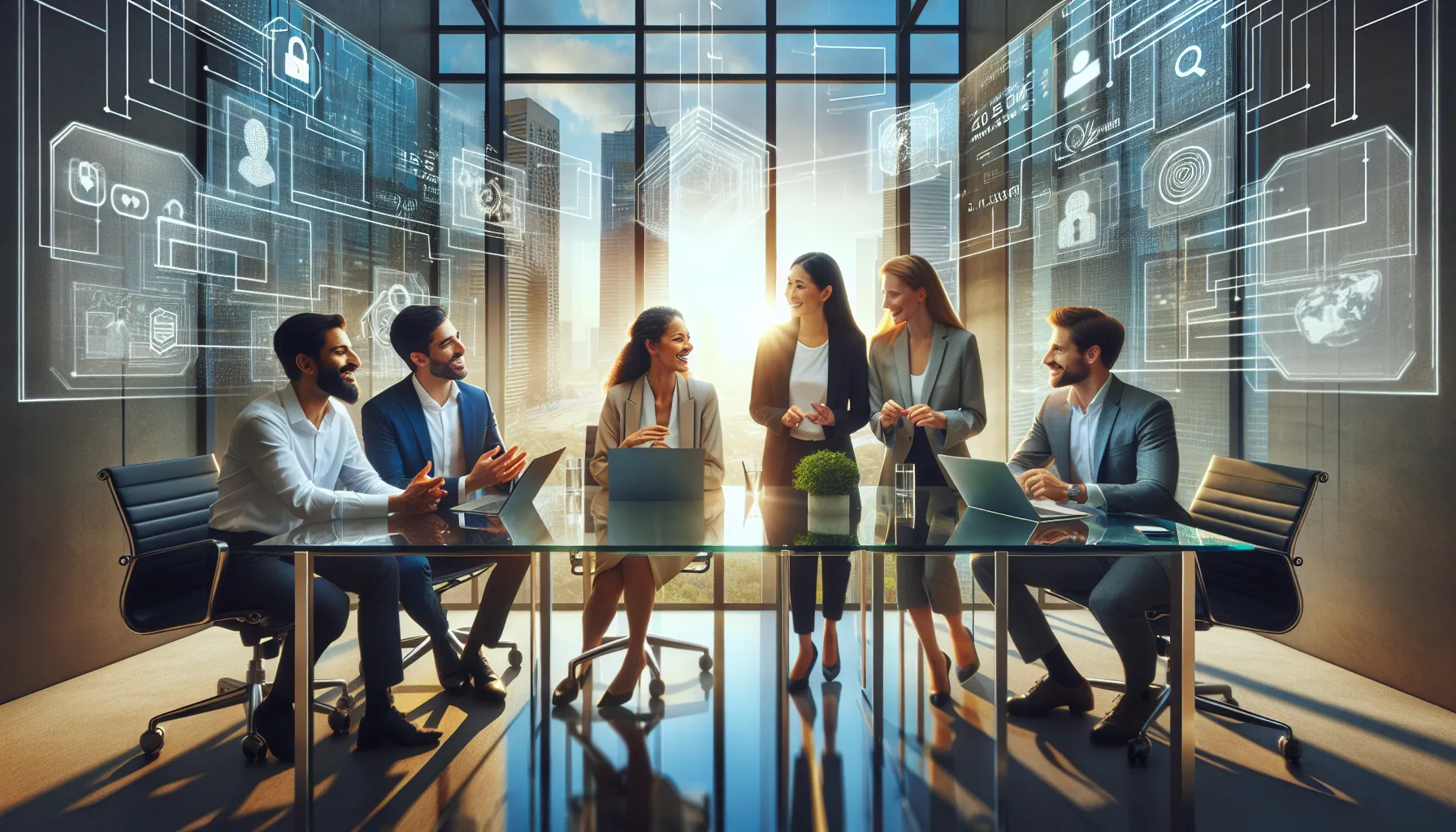 diverse team collaborating in a high-tech office environment.