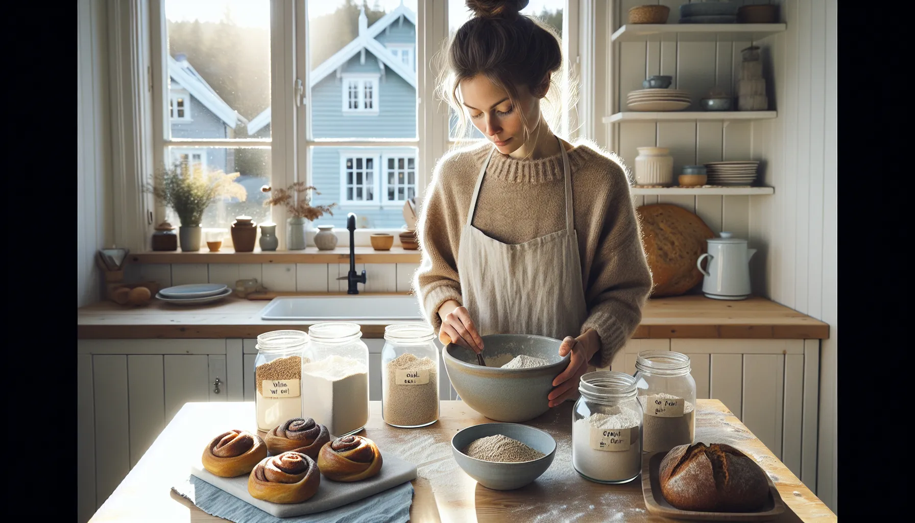 Slik lager du sunnere alternativer til klassiske bakverk 3 Norwegian home baker using different wholegrain flours to make healthier cinnamon buns.