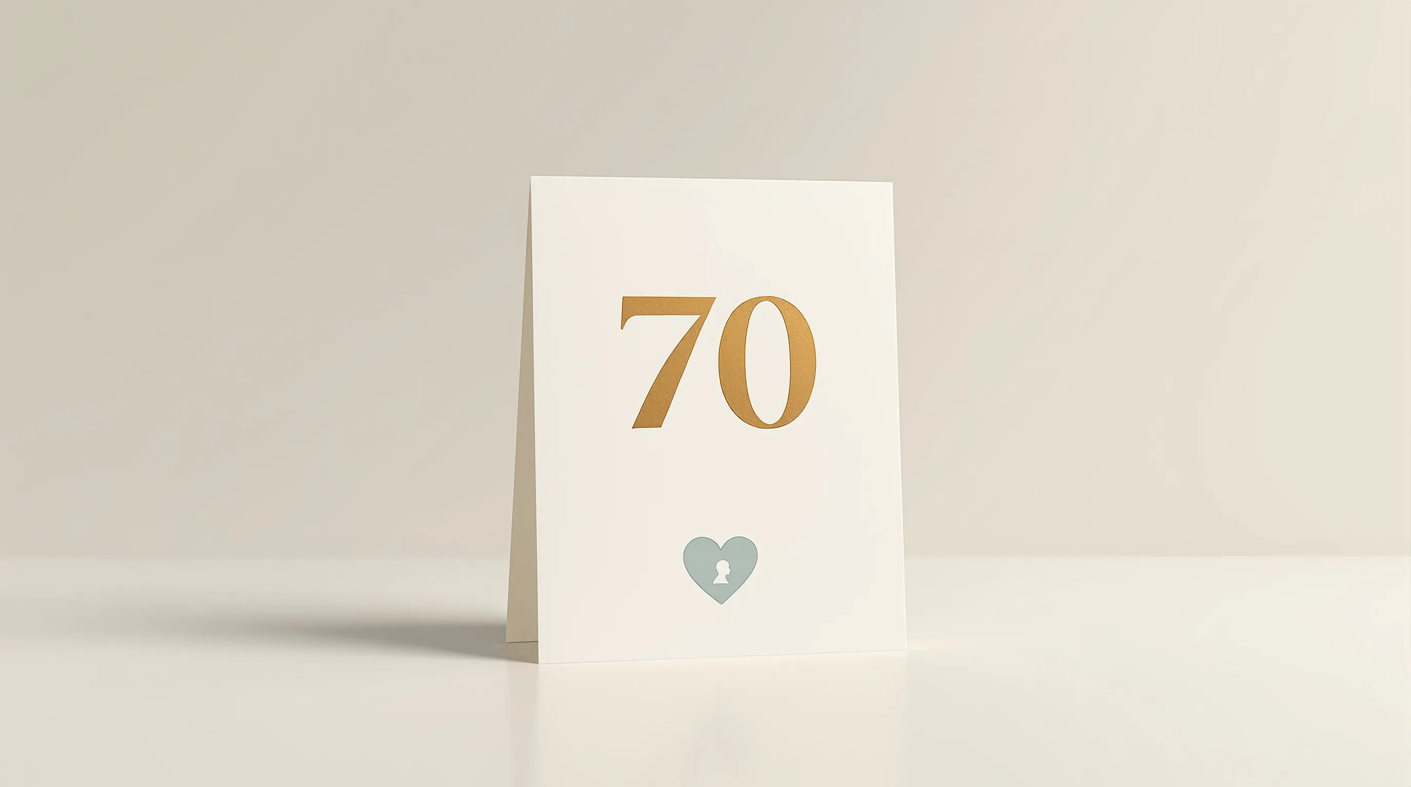 Minimalist birthday card with number 70 and elderly figure silhouette on white background.