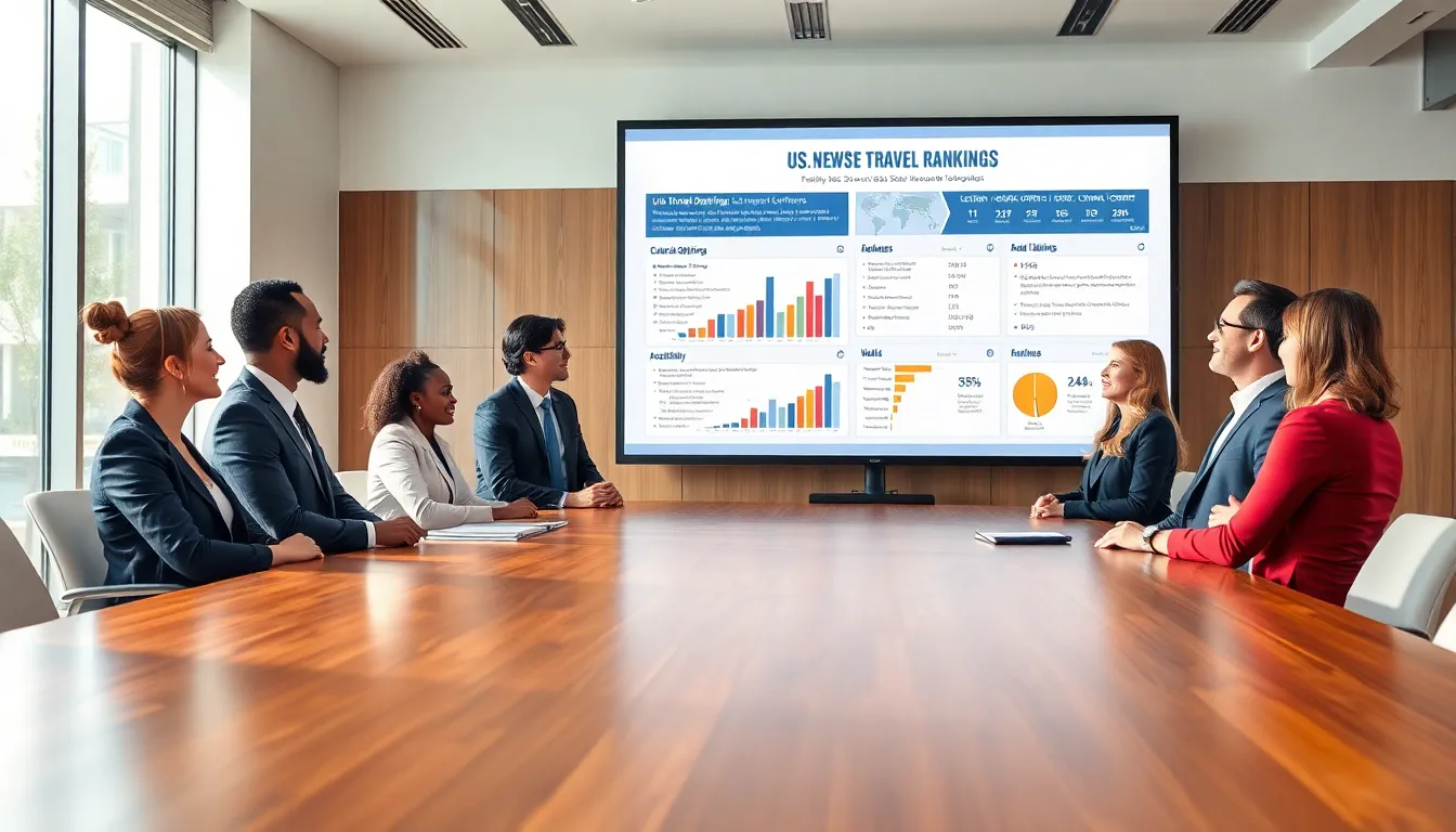 professionals discussing US travel rankings in a modern office.