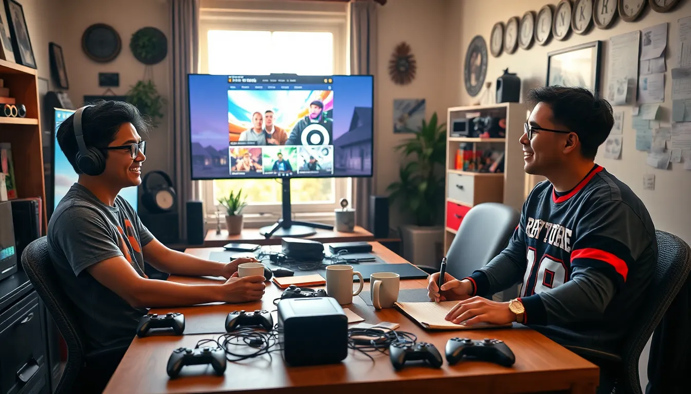 diverse group discussing gaming in a cozy home office