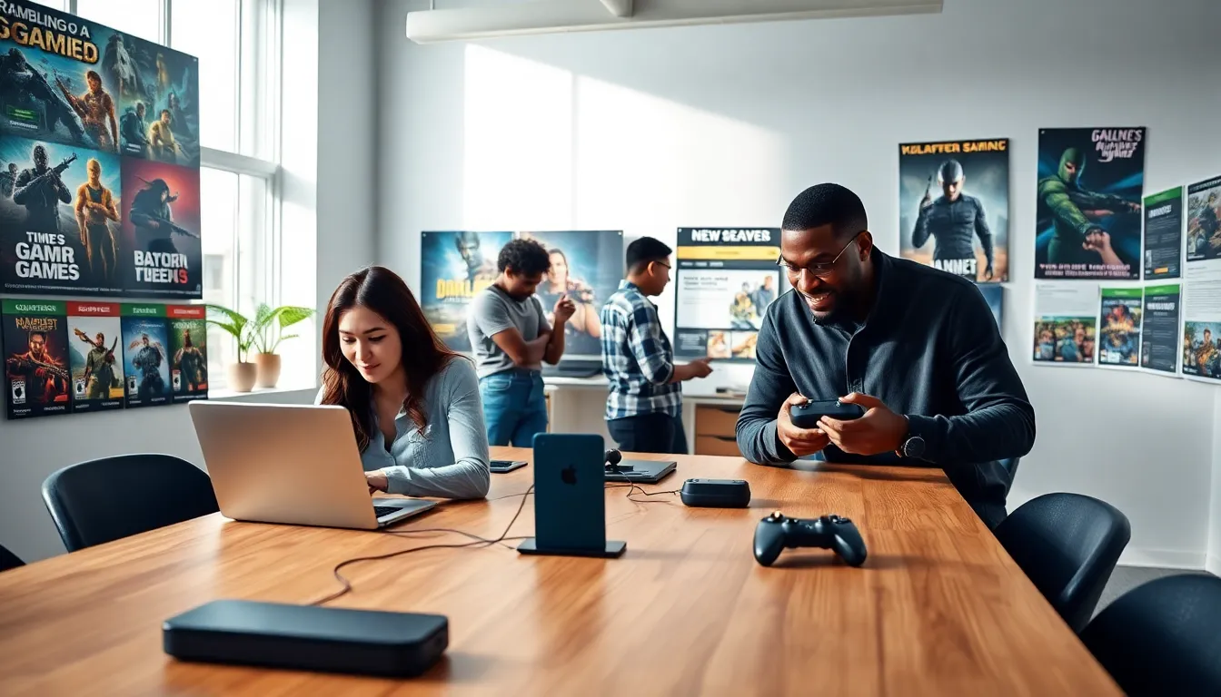 diverse gamers collaborating in a modern office setting.