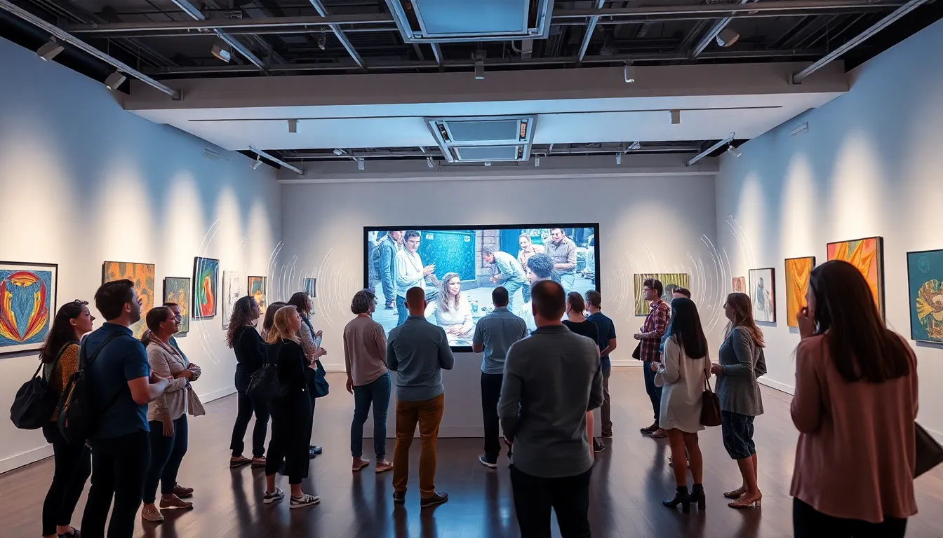 artists engaging with an interactive audio-visual installation in a gallery.
