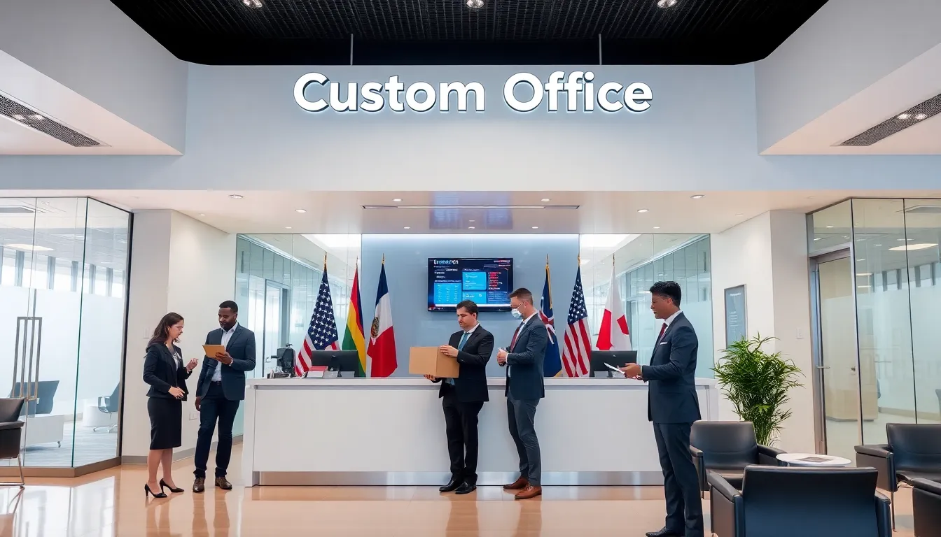 Diverse professionals at a modern customs office in the United States.