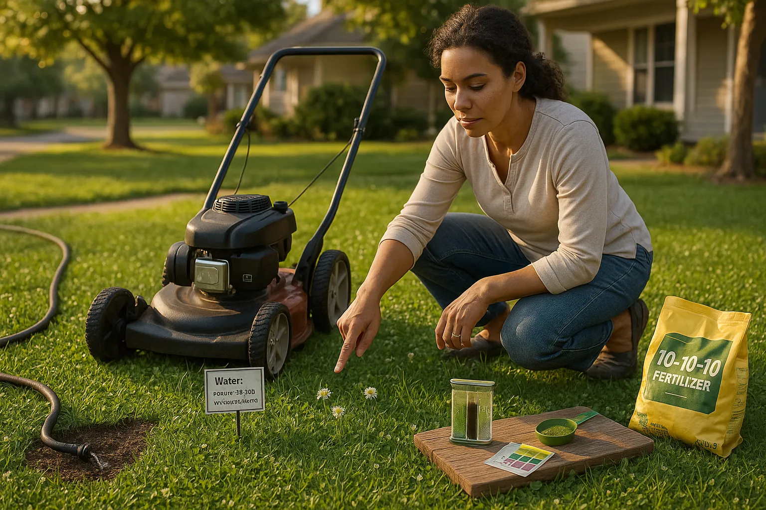 Homeowner tending a micro-clover and grass lawn with mower and soil test.
