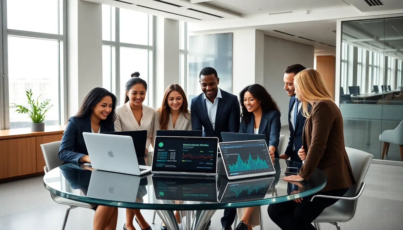 diverse team collaborating on cryptocurrency strategies in a modern office.