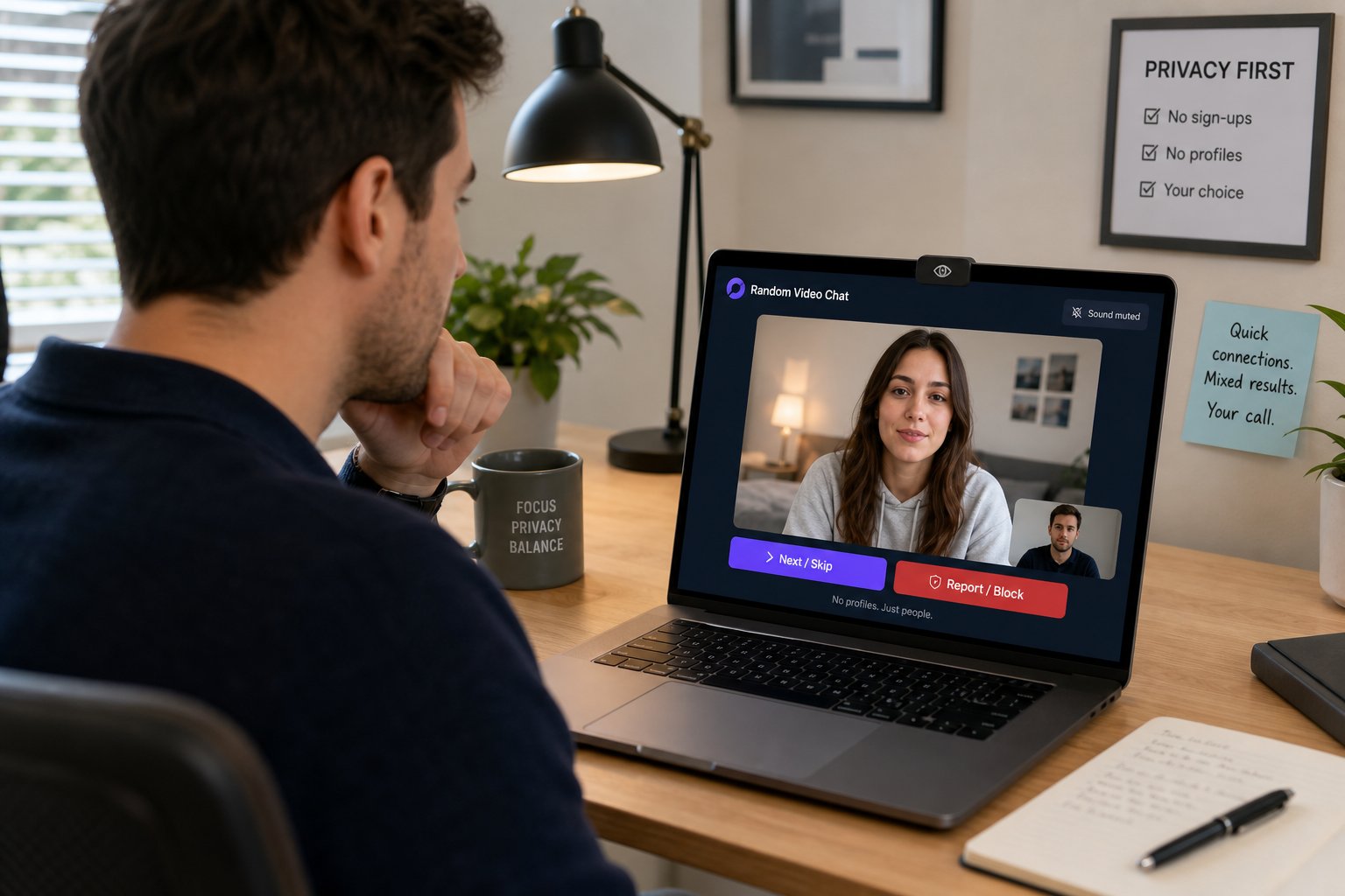 Professional using a laptop with random video chat next and report controls.