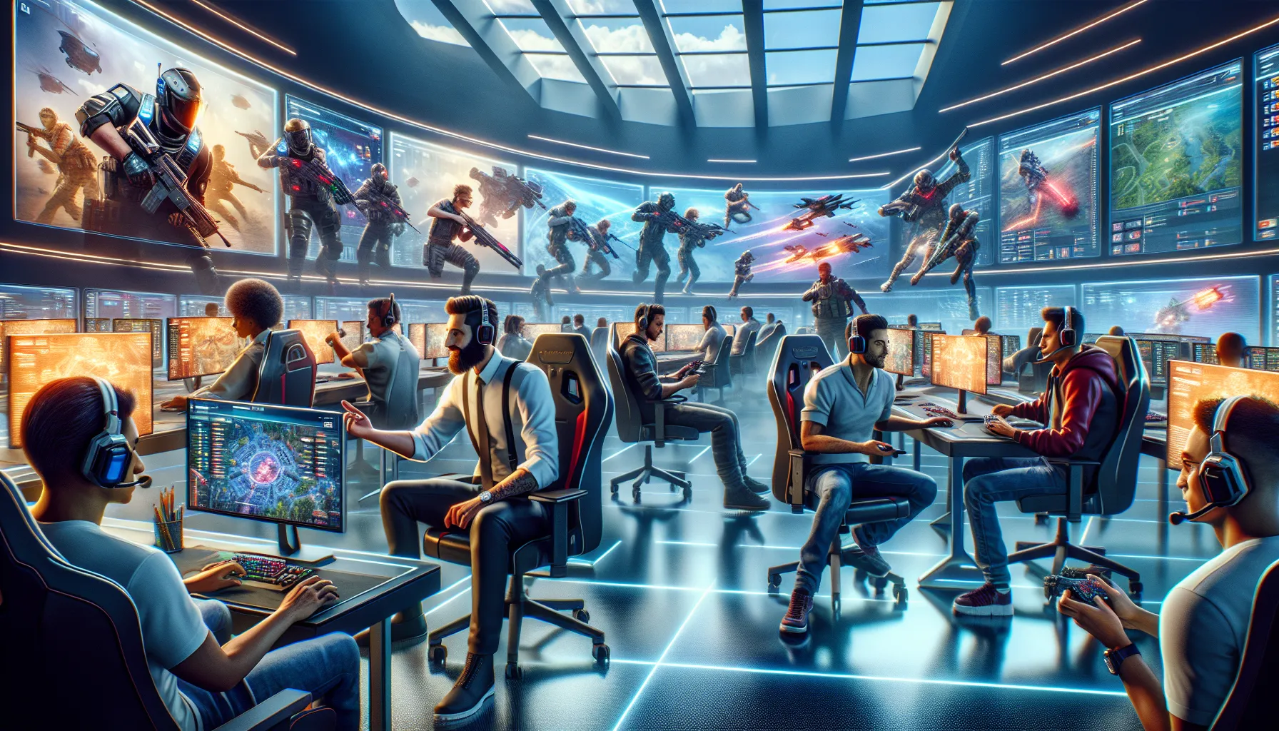 diverse gamers engaging in competition at high-tech gaming stations.