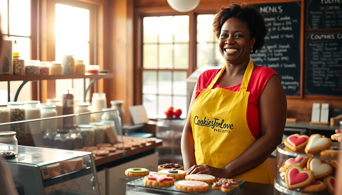 a bakery employee smiling while assisting a customer with cookie orders.