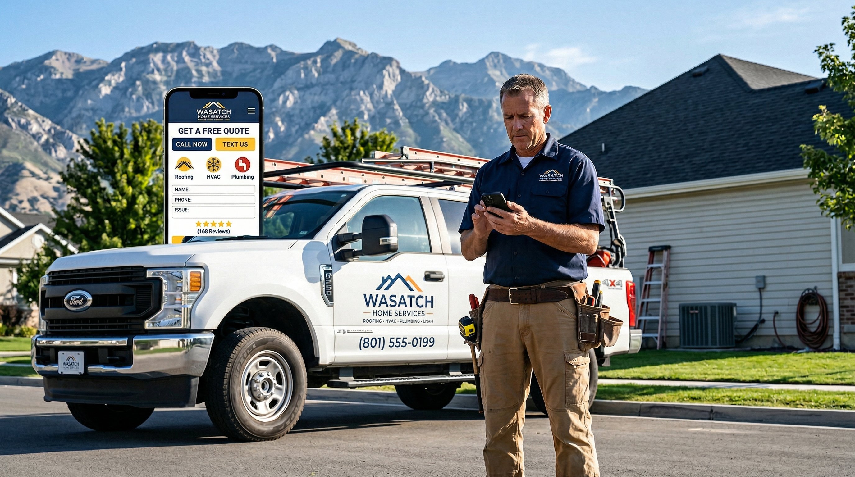 Utah contractor checking a new customer lead on his smartphone outside a home.