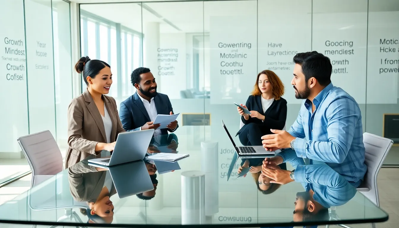 diverse team discussing growth mindset coaching in a modern office.