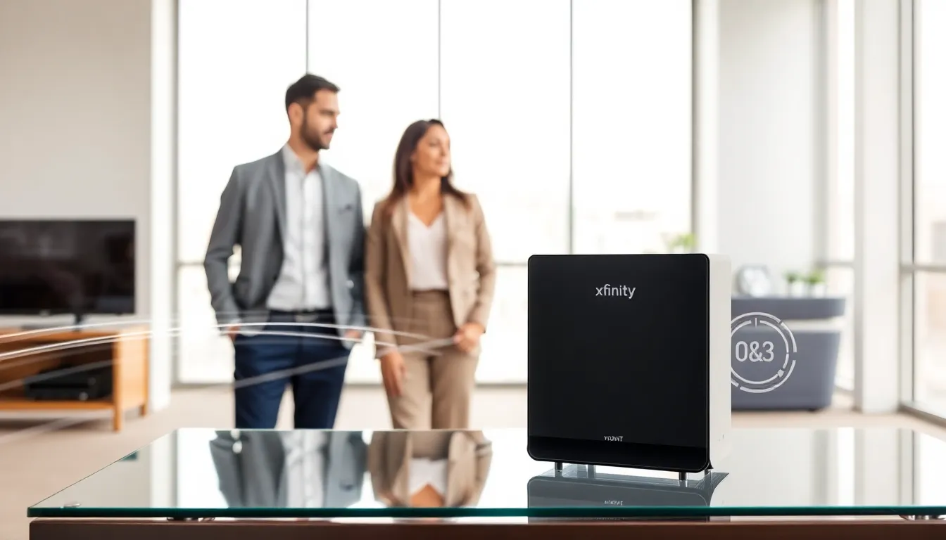 modern workspace with an Xfinity-compatible modem and diverse professionals engaged in discussion.