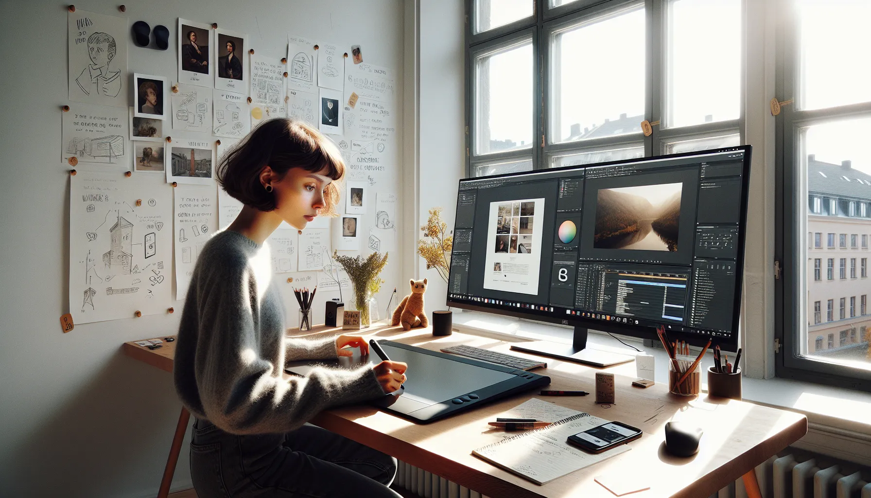 Young norwegian creator remixing digital references at a desk in a bright studio.