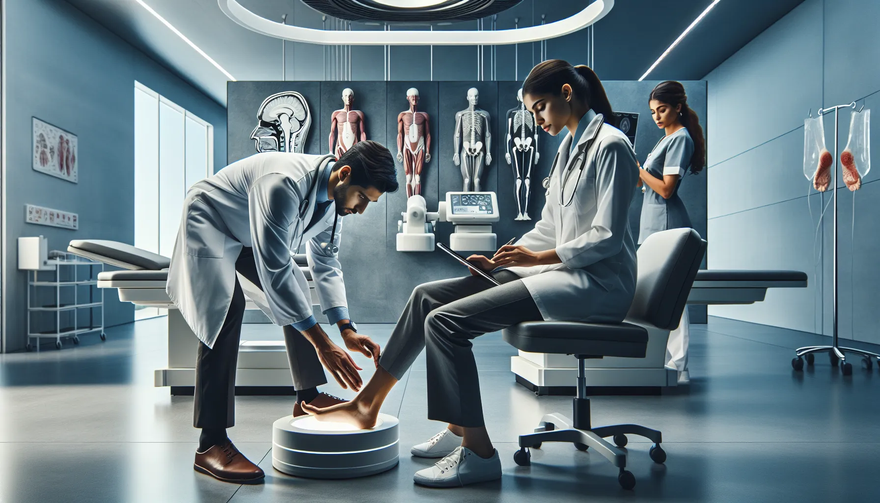healthcare team examining a patient's foot in a modern clinic.