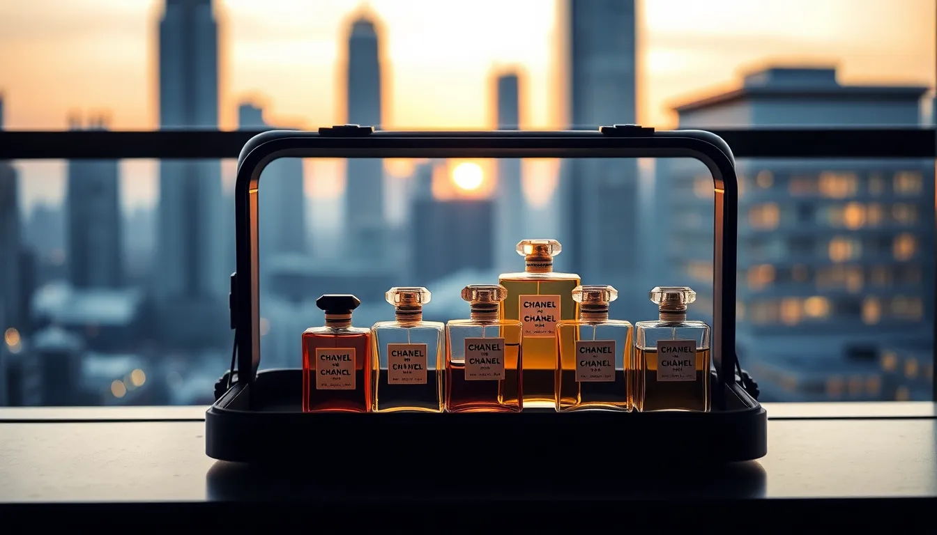 Chanel travel perfume bottles displayed in an elegant setting.