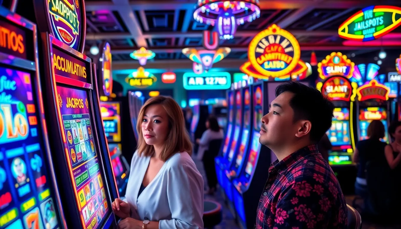 a diverse group of players excitedly watching a slot machine's growing jackpot.