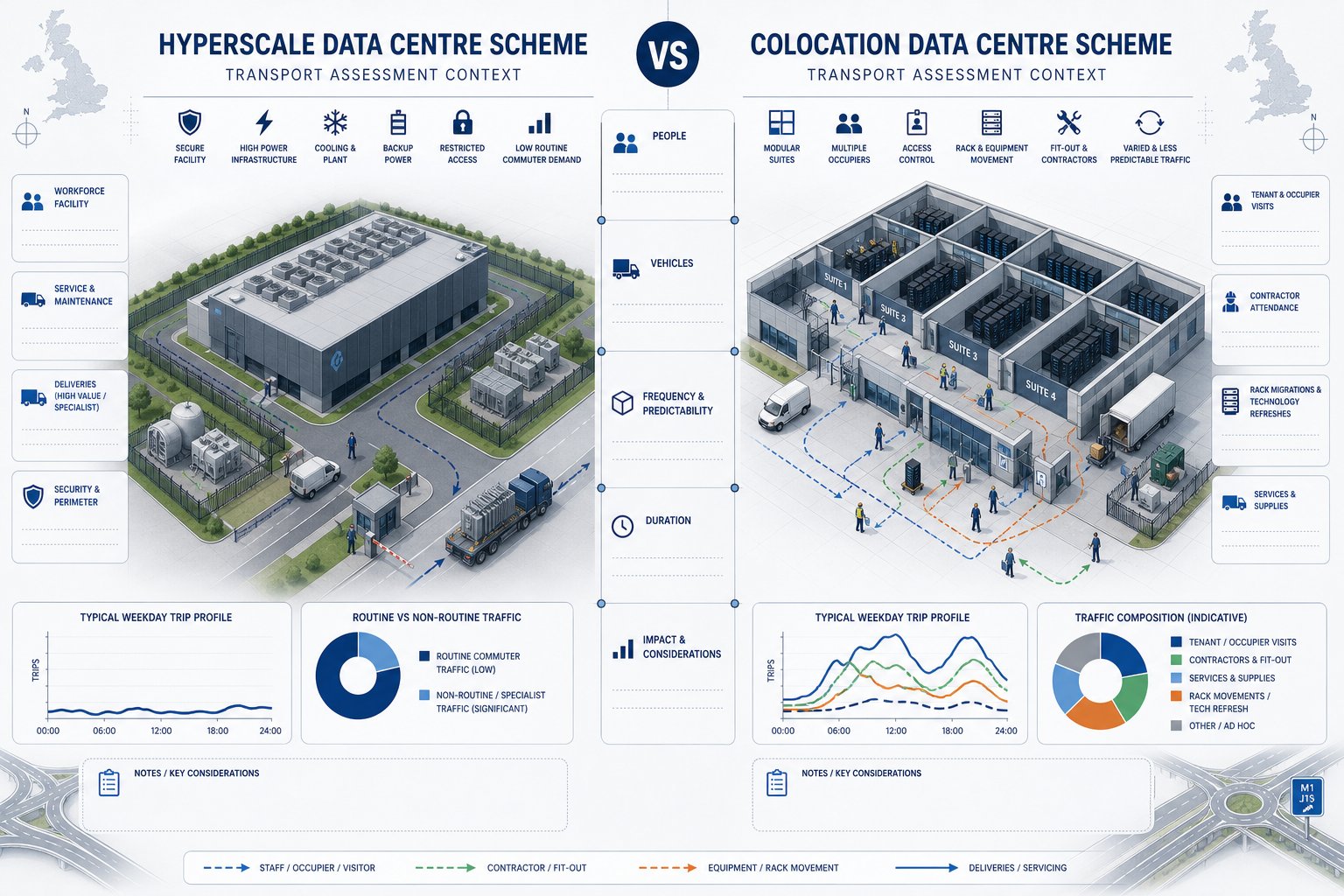 Comparison infographic of hyperscale and colocation data centre transport patterns in the UK.