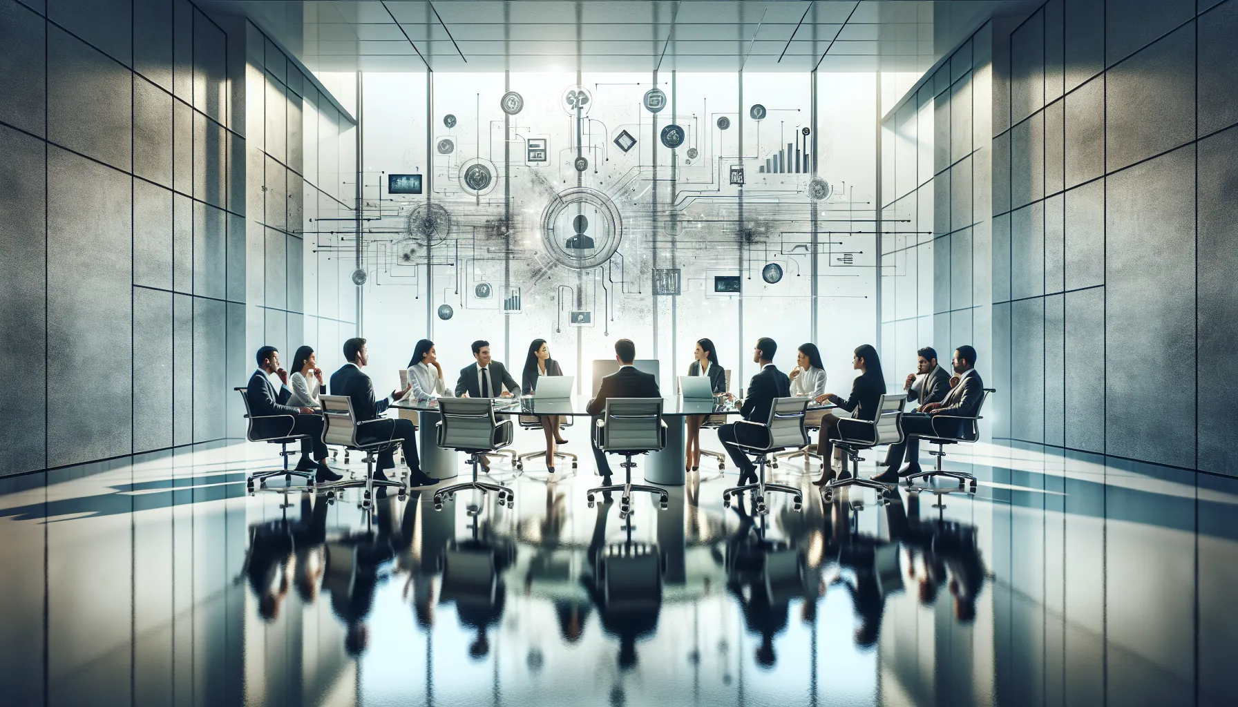 diverse professionals discussing technology in a modern office.