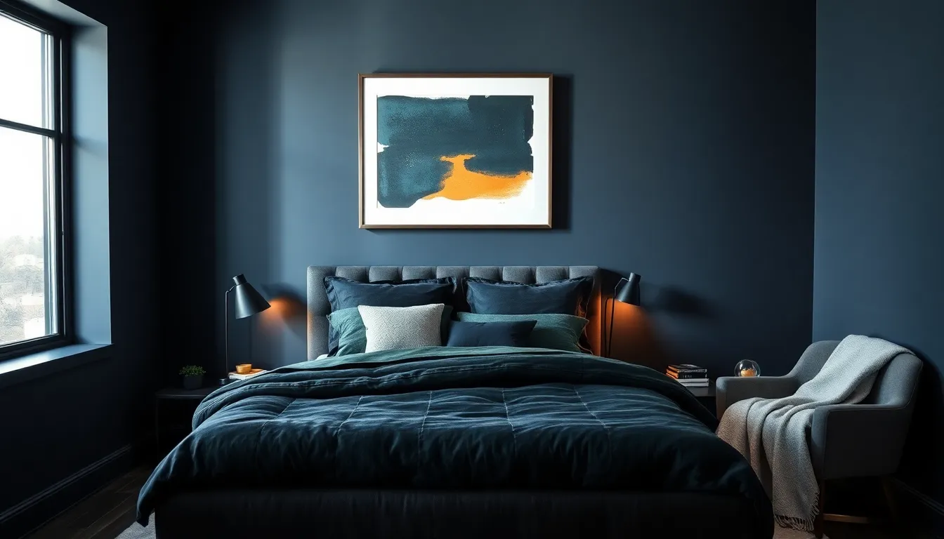 dark moody bedroom with deep colors and ambient lighting.