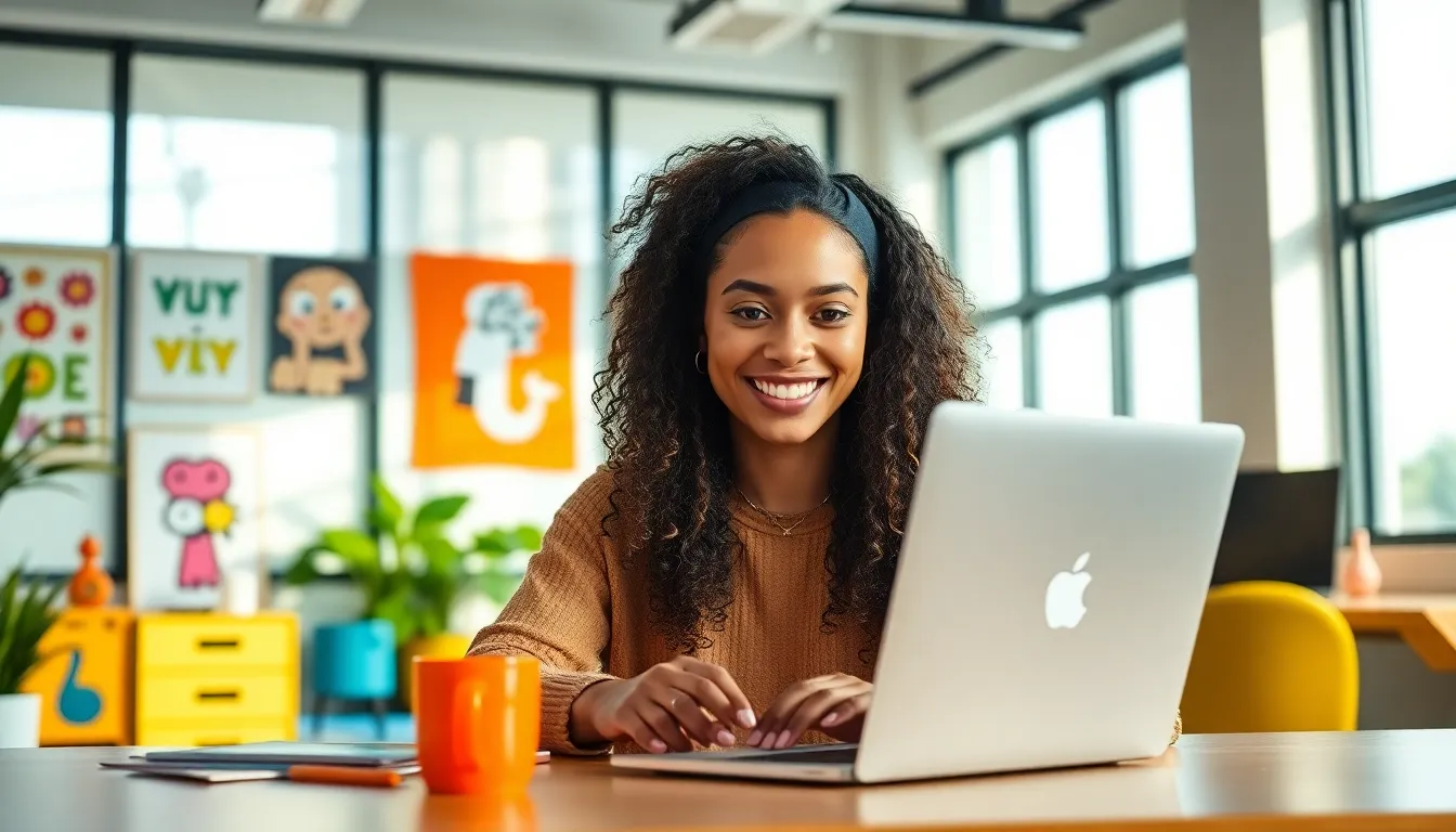 a diverse influencer in a colorful digital workspace.