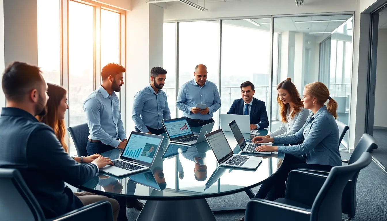 diverse FedEx team collaborating in a modern office.