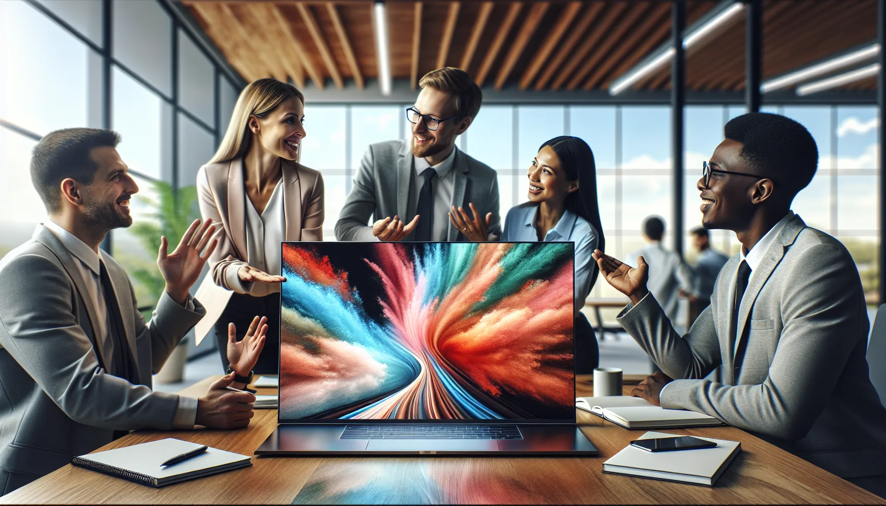 diverse team comparing FHD and IPS laptop displays in a modern office.