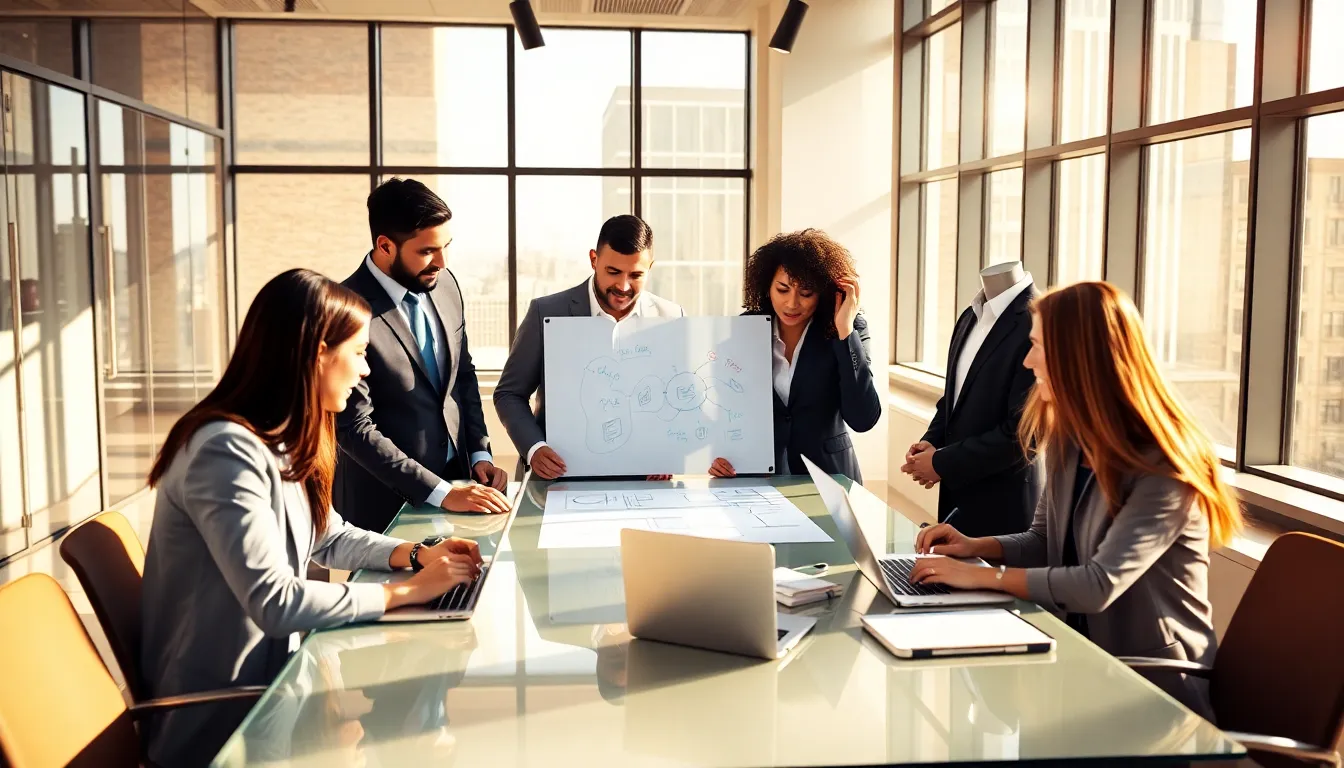 Diverse team collaborating in a modern office setting.