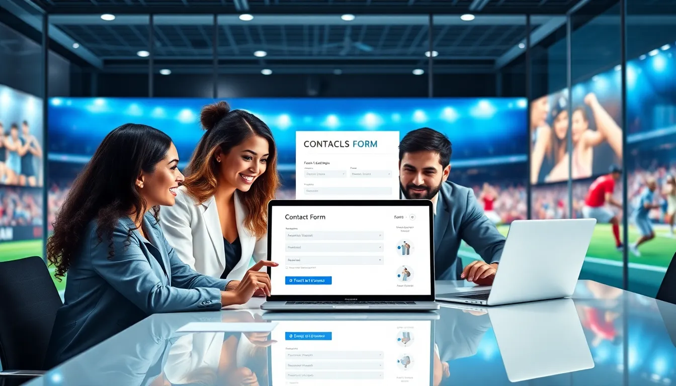 diverse professionals reviewing a contact form at a sports website.